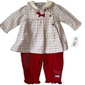 Le‎ Top Red White Top & Red Pants Size 6M W/ Dachshund Dogs Snap Bottom NEW NWT